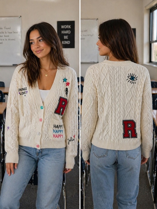 Forever 21 Sweaters - Forever 21 Creamy White Cable-Knit Embroidered Cardigan with Red Patch Accents